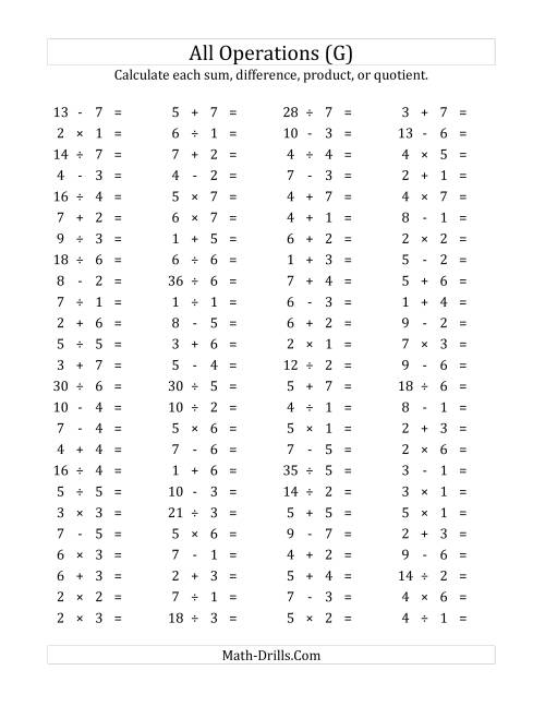 The 100 Horizontal Mixed Operations Questions (Facts 1 to 7) (G) Math Worksheet