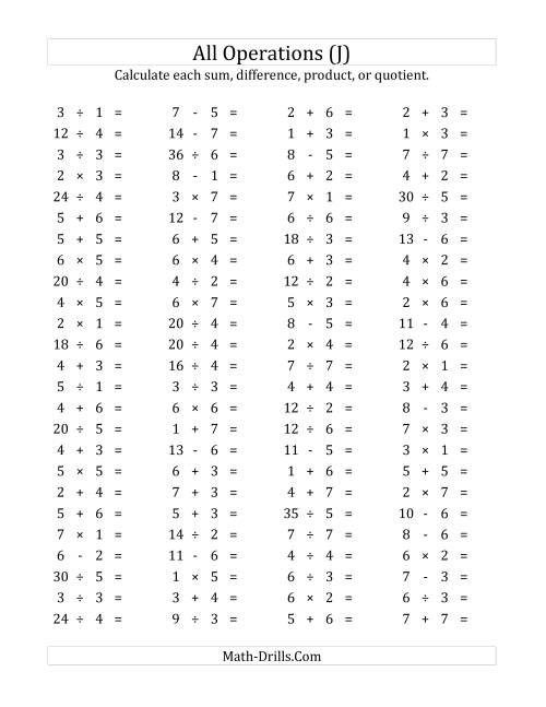 The 100 Horizontal Mixed Operations Questions (Facts 1 to 7) (J) Math Worksheet