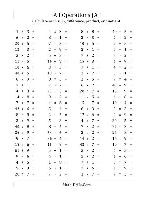 The 100 Horizontal Mixed Operations Questions (Facts 1 to 9) (A) Math Worksheet
