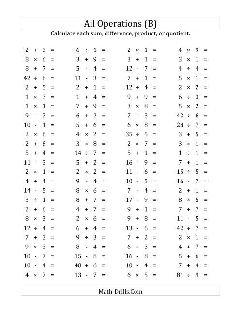 The 100 Horizontal Mixed Operations Questions (Facts 1 to 9) (B) Math Worksheet