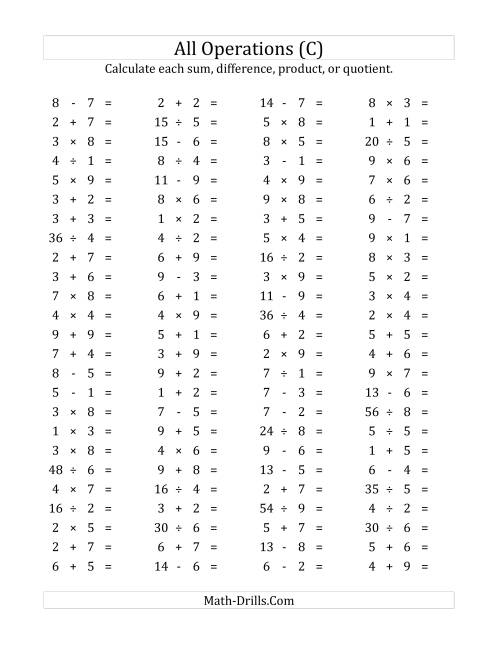 The 100 Horizontal Mixed Operations Questions (Facts 1 to 9) (C) Math Worksheet