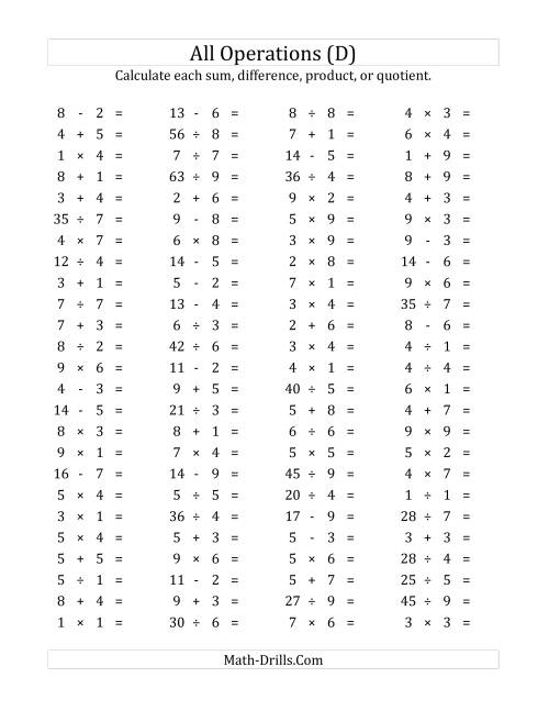 The 100 Horizontal Mixed Operations Questions (Facts 1 to 9) (D) Math Worksheet