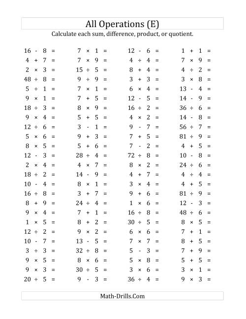 The 100 Horizontal Mixed Operations Questions (Facts 1 to 9) (E) Math Worksheet