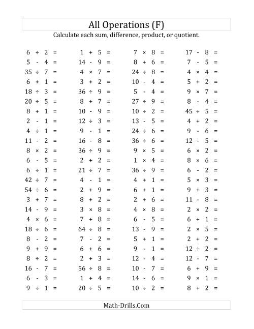 The 100 Horizontal Mixed Operations Questions (Facts 1 to 9) (F) Math Worksheet