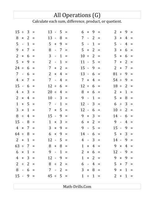 The 100 Horizontal Mixed Operations Questions (Facts 1 to 9) (G) Math Worksheet