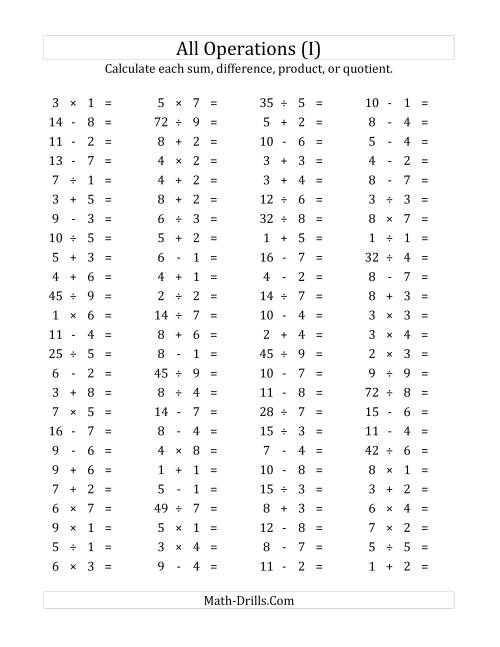 The 100 Horizontal Mixed Operations Questions (Facts 1 to 9) (I) Math Worksheet