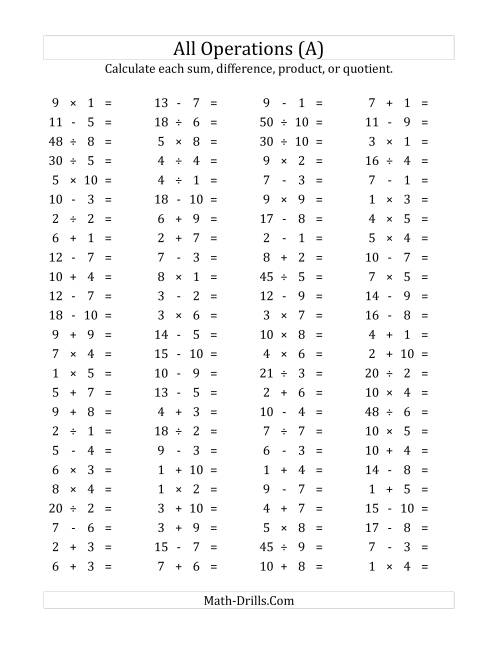 The 100 Horizontal Mixed Operations Questions (Facts 1 to 10) (A) Math Worksheet