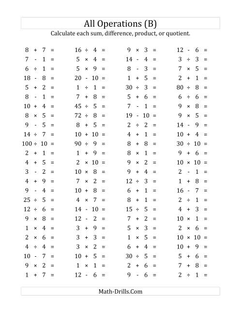 The 100 Horizontal Mixed Operations Questions (Facts 1 to 10) (B) Math Worksheet