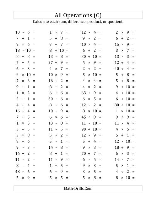 The 100 Horizontal Mixed Operations Questions (Facts 1 to 10) (C) Math Worksheet