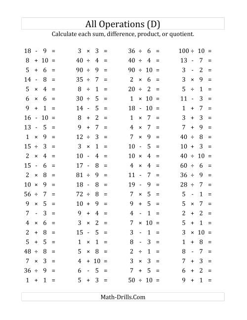 The 100 Horizontal Mixed Operations Questions (Facts 1 to 10) (D) Math Worksheet