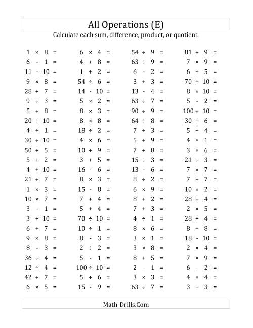 The 100 Horizontal Mixed Operations Questions (Facts 1 to 10) (E) Math Worksheet