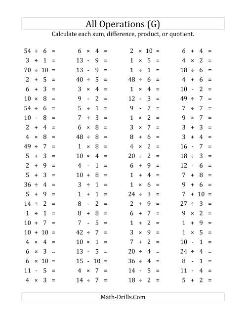 The 100 Horizontal Mixed Operations Questions (Facts 1 to 10) (G) Math Worksheet
