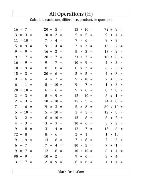The 100 Horizontal Mixed Operations Questions (Facts 1 to 10) (H) Math Worksheet