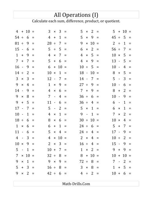 The 100 Horizontal Mixed Operations Questions (Facts 1 to 10) (I) Math Worksheet