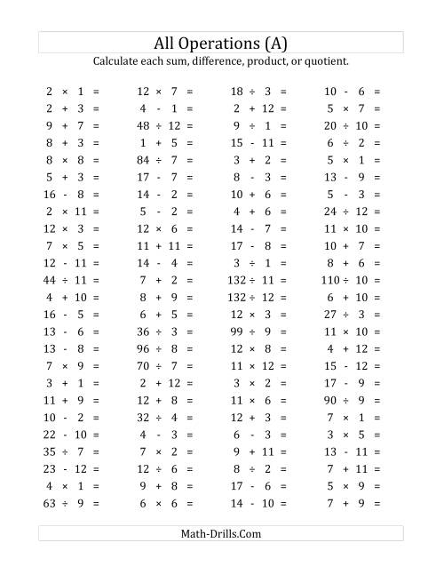 The 100 Horizontal Mixed Operations Questions (Facts 1 to 12) (A) Math Worksheet
