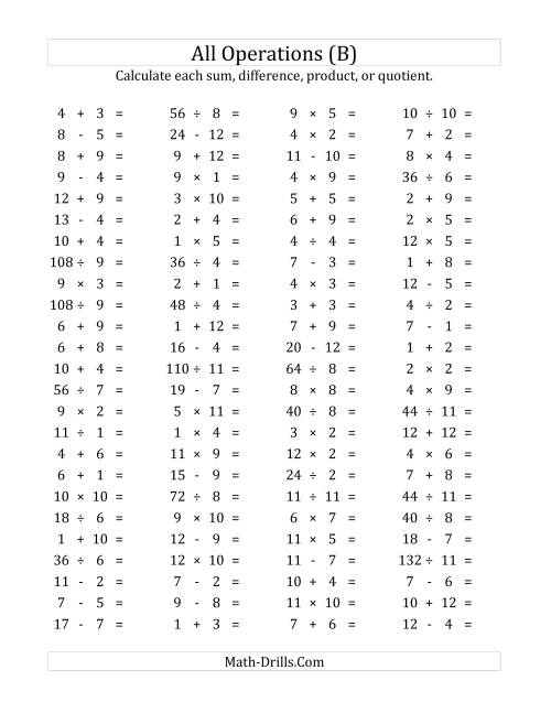 The 100 Horizontal Mixed Operations Questions (Facts 1 to 12) (B) Math Worksheet