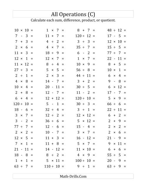 The 100 Horizontal Mixed Operations Questions (Facts 1 to 12) (C) Math Worksheet