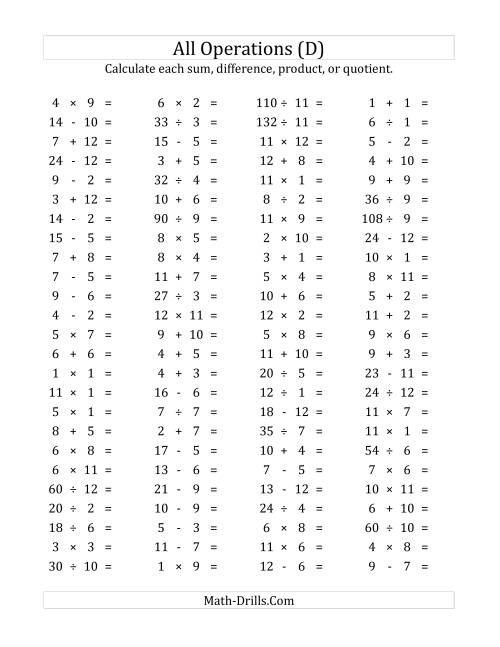 The 100 Horizontal Mixed Operations Questions (Facts 1 to 12) (D) Math Worksheet