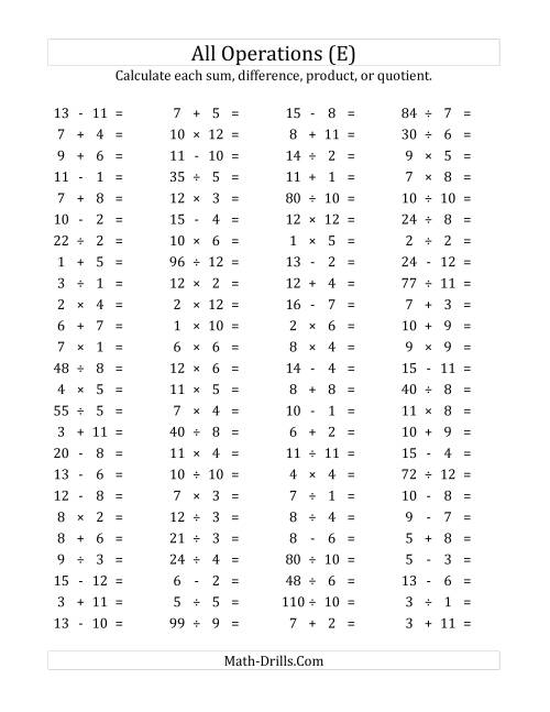 The 100 Horizontal Mixed Operations Questions (Facts 1 to 12) (E) Math Worksheet