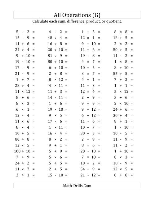 The 100 Horizontal Mixed Operations Questions (Facts 1 to 12) (G) Math Worksheet