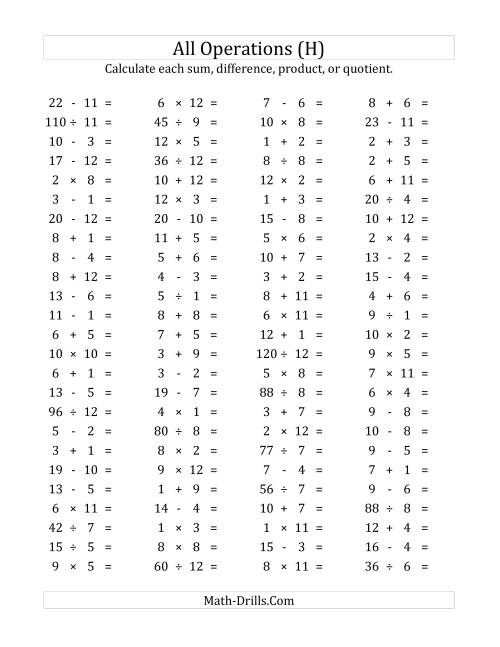 The 100 Horizontal Mixed Operations Questions (Facts 1 to 12) (H) Math Worksheet