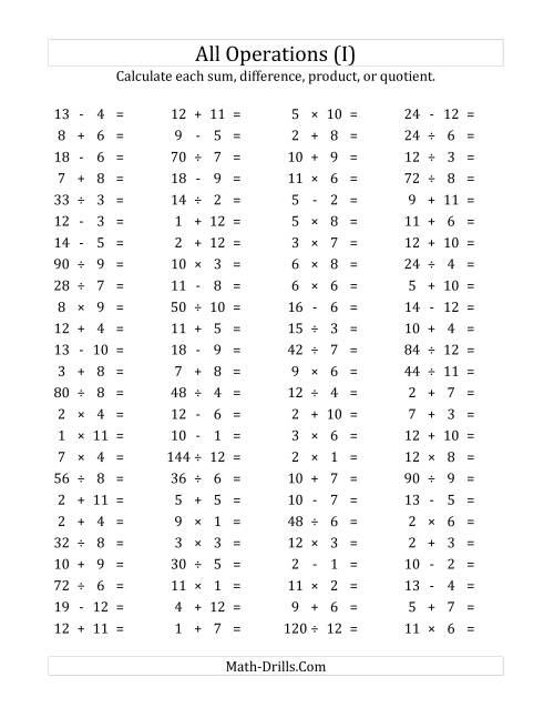 The 100 Horizontal Mixed Operations Questions (Facts 1 to 12) (I) Math Worksheet