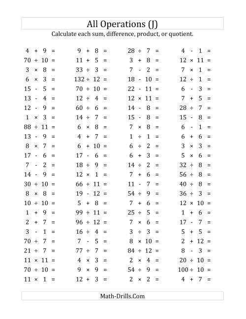 The 100 Horizontal Mixed Operations Questions (Facts 1 to 12) (J) Math Worksheet