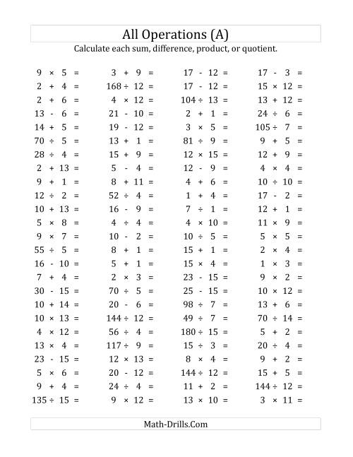 The 100 Horizontal Mixed Operations Questions (Facts 1 to 15) (A) Math Worksheet