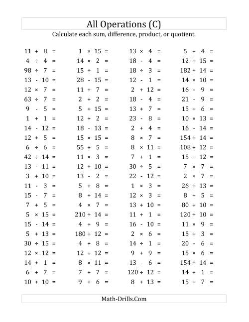 The 100 Horizontal Mixed Operations Questions (Facts 1 to 15) (C) Math Worksheet