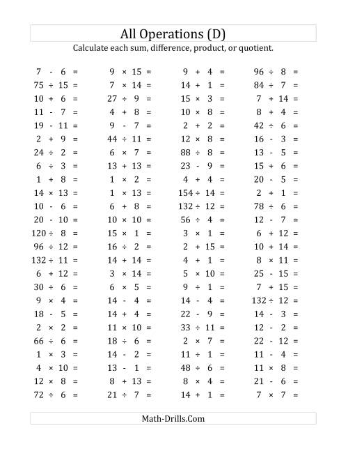 The 100 Horizontal Mixed Operations Questions (Facts 1 to 15) (D) Math Worksheet