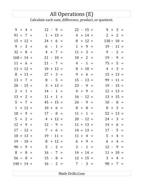The 100 Horizontal Mixed Operations Questions (Facts 1 to 15) (E) Math Worksheet