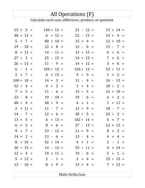 The 100 Horizontal Mixed Operations Questions (Facts 1 to 15) (F) Math Worksheet