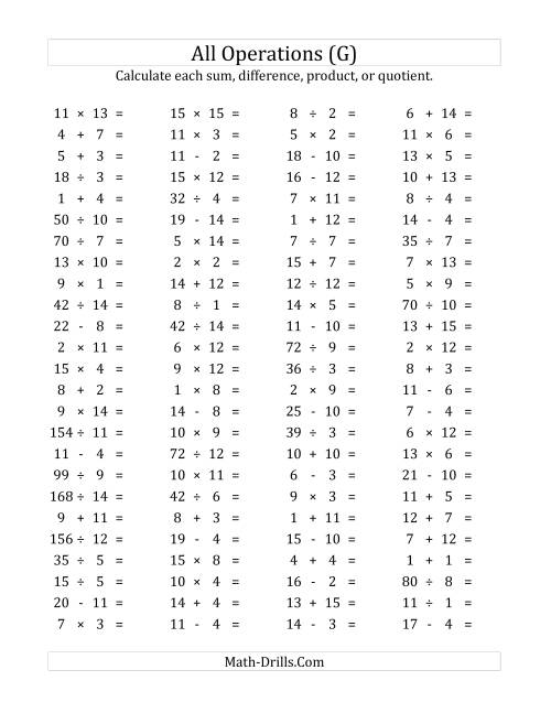 The 100 Horizontal Mixed Operations Questions (Facts 1 to 15) (G) Math Worksheet