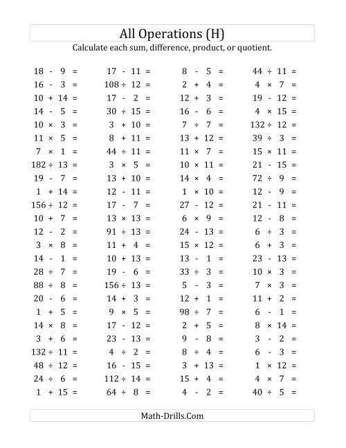 The 100 Horizontal Mixed Operations Questions (Facts 1 to 15) (H) Math Worksheet