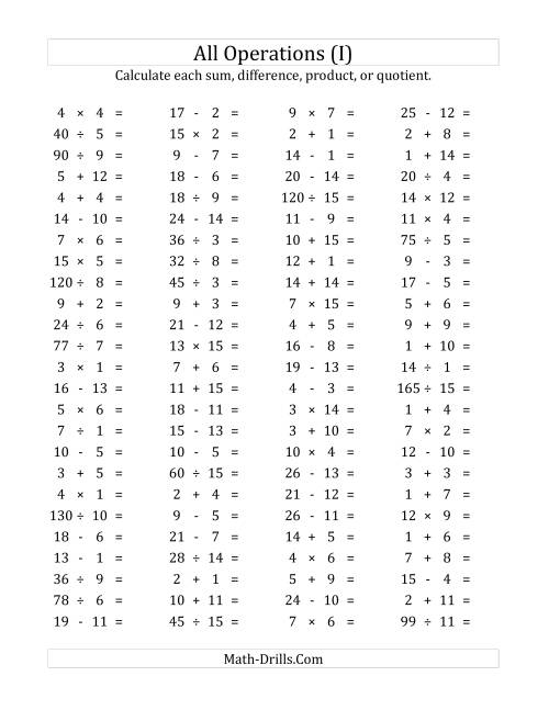 The 100 Horizontal Mixed Operations Questions (Facts 1 to 15) (I) Math Worksheet