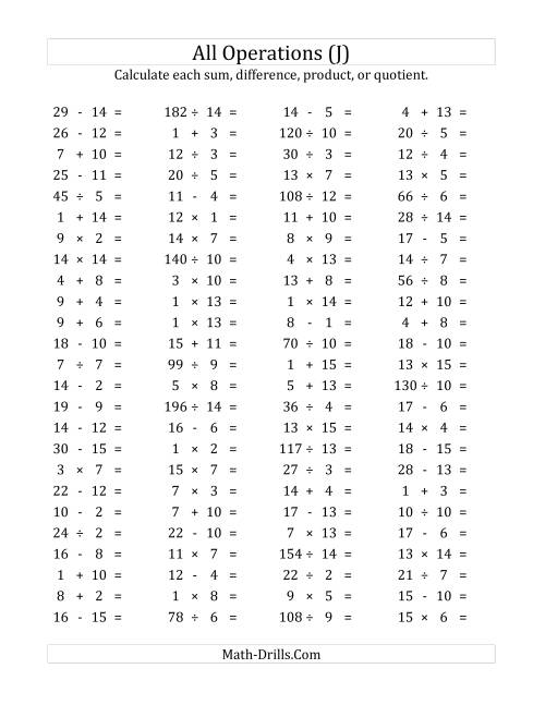 The 100 Horizontal Mixed Operations Questions (Facts 1 to 15) (J) Math Worksheet