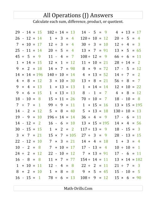 The 100 Horizontal Mixed Operations Questions (Facts 1 to 15) (J) Math Worksheet Page 2