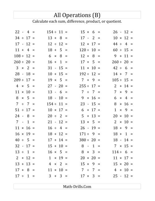 The 100 Horizontal Mixed Operations Questions (Facts 1 to 20) (B) Math Worksheet