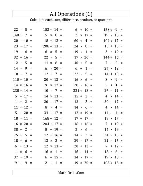 The 100 Horizontal Mixed Operations Questions (Facts 1 to 20) (C) Math Worksheet