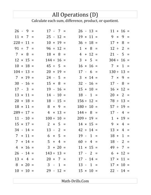 The 100 Horizontal Mixed Operations Questions (Facts 1 to 20) (D) Math Worksheet