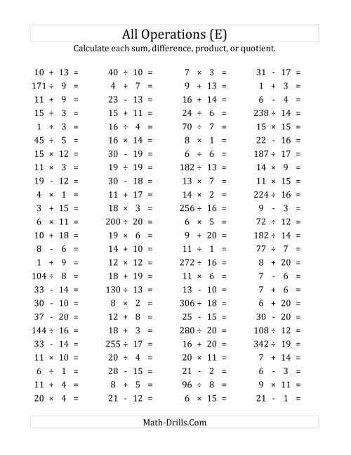 The 100 Horizontal Mixed Operations Questions (Facts 1 to 20) (E) Math Worksheet