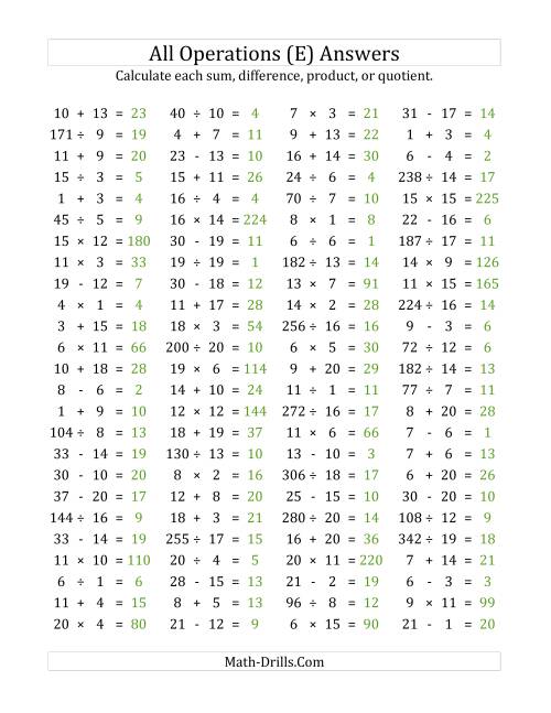 The 100 Horizontal Mixed Operations Questions (Facts 1 to 20) (E) Math Worksheet Page 2
