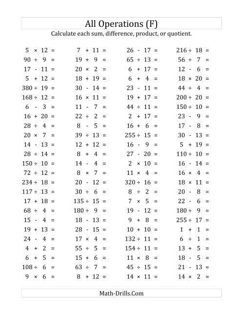 The 100 Horizontal Mixed Operations Questions (Facts 1 to 20) (F) Math Worksheet