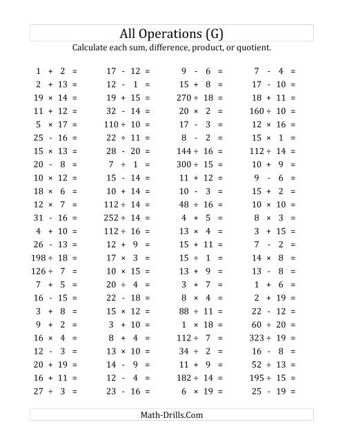 The 100 Horizontal Mixed Operations Questions (Facts 1 to 20) (G) Math Worksheet