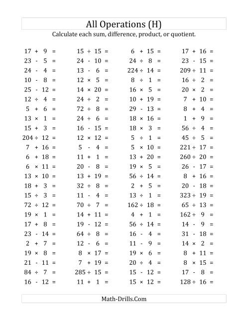 The 100 Horizontal Mixed Operations Questions (Facts 1 to 20) (H) Math Worksheet