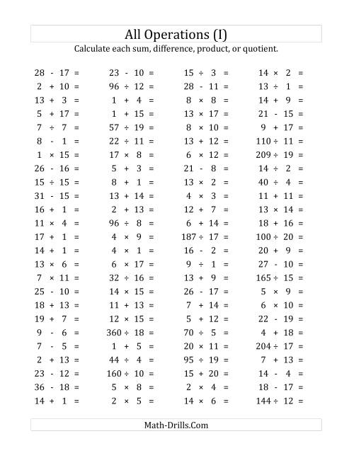 The 100 Horizontal Mixed Operations Questions (Facts 1 to 20) (I) Math Worksheet