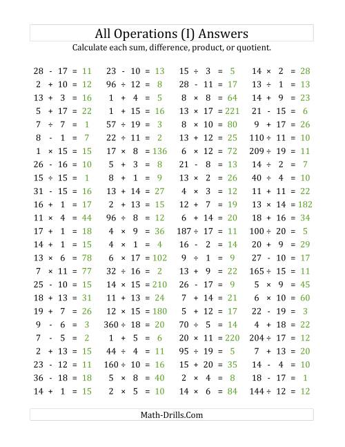 The 100 Horizontal Mixed Operations Questions (Facts 1 to 20) (I) Math Worksheet Page 2