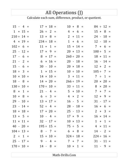 The 100 Horizontal Mixed Operations Questions (Facts 1 to 20) (J) Math Worksheet