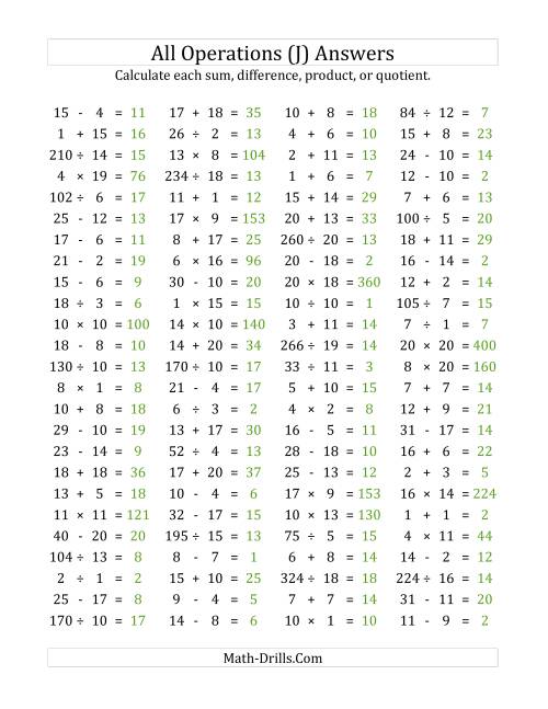 The 100 Horizontal Mixed Operations Questions (Facts 1 to 20) (J) Math Worksheet Page 2