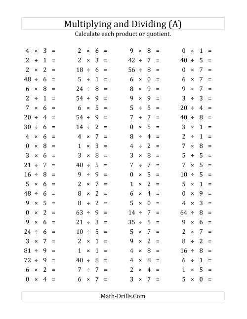 The 100 Horizontal Multiplication/Division Questions (Facts 0 to 9) (A) Math Worksheet
